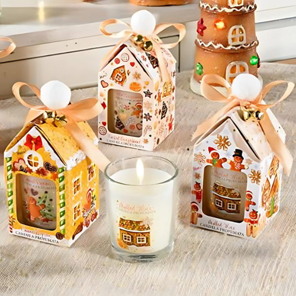 CANDELA IN VETRO DECORATO NATALIZIO SCATOLA FIOCCO E CAMPANELLI