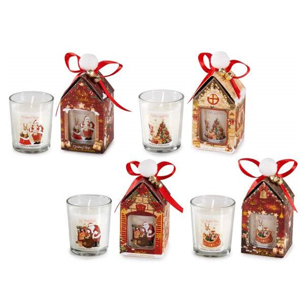 CANDELA IN VETRO DECORATO NATALIZIO SCATOLA FIOCCO E CAMPANELLI