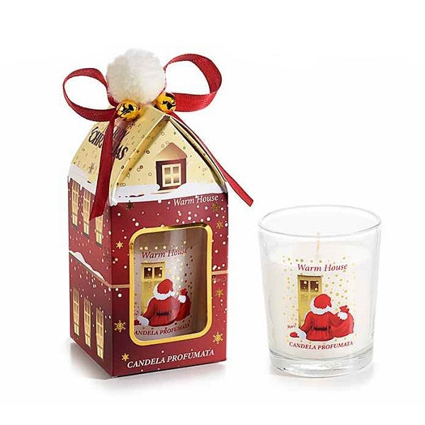 CANDELA IN VETRO DECORATO NATALIZIO SCATOLA FIOCCO E CAMPANELLI