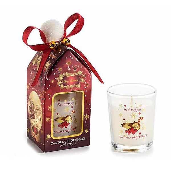CANDELA IN VETRO DECORATO NATALIZIO SCATOLA FIOCCO E CAMPANELLI