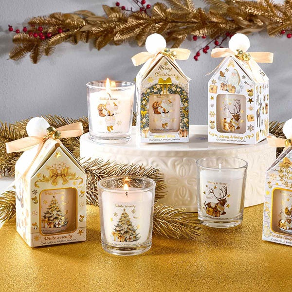 CANDELA IN VETRO DECORATO NATALIZIO SCATOLA FIOCCO E CAMPANELLI