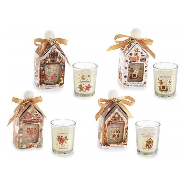 CANDELA IN VETRO DECORATO NATALIZIO SCATOLA FIOCCO E CAMPANELLI