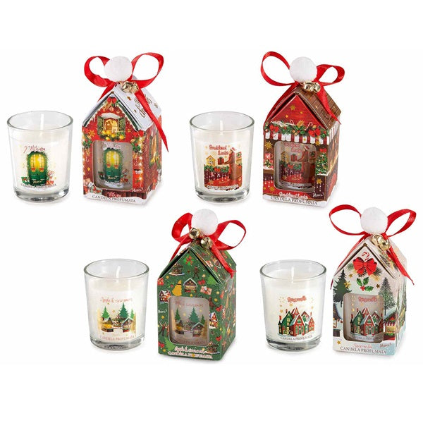 CANDELA IN VETRO DECORATO NATALIZIO SCATOLA FIOCCO E CAMPANELLI