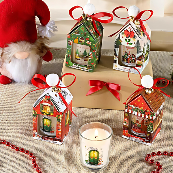 CANDELA IN VETRO DECORATO NATALIZIO SCATOLA FIOCCO E CAMPANELLI
