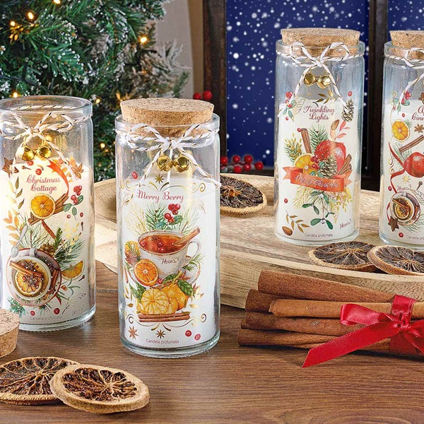 CANDELA IN VETRO CON DECORI DOLCETTI NATALIZI