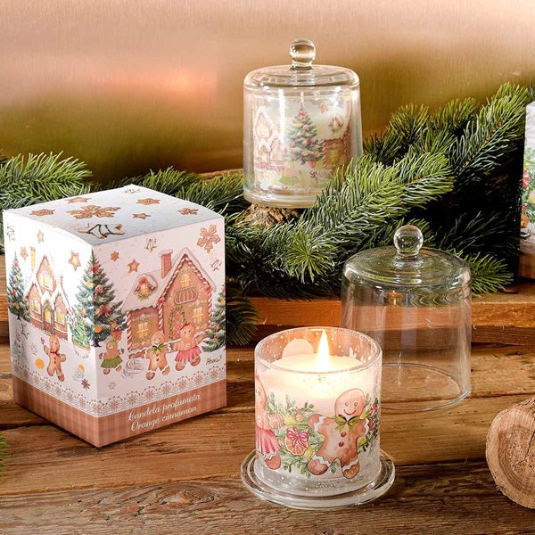 CANDELA CON CAMPANA DI VETRO E DECORAZIONE OMINO DI PAN DI ZENZERO
