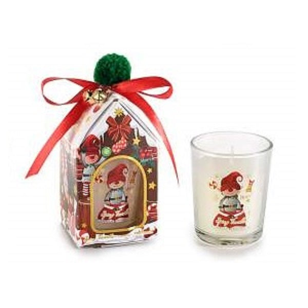 CANDELA IN VETRO DECORATO NATALIZIO SCATOLA FIOCCO E CAMPANELLI