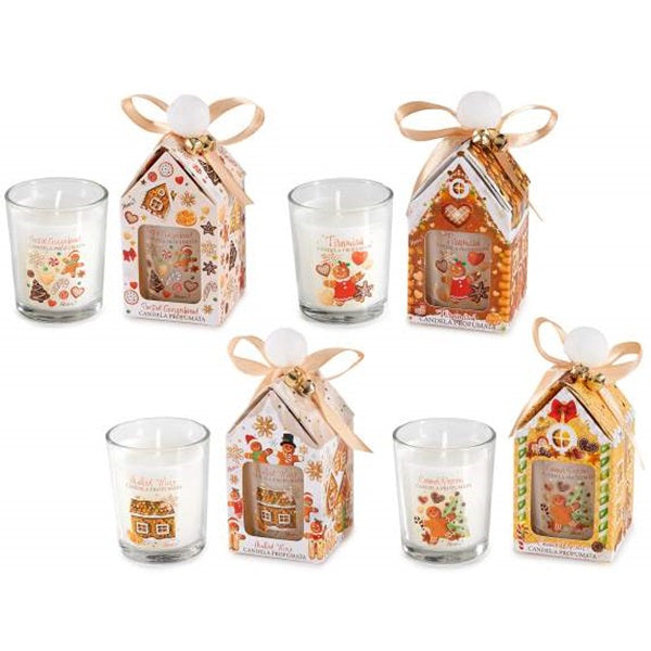 CANDELA IN VETRO DECORATO NATALIZIO SCATOLA FIOCCO E CAMPANELLI
